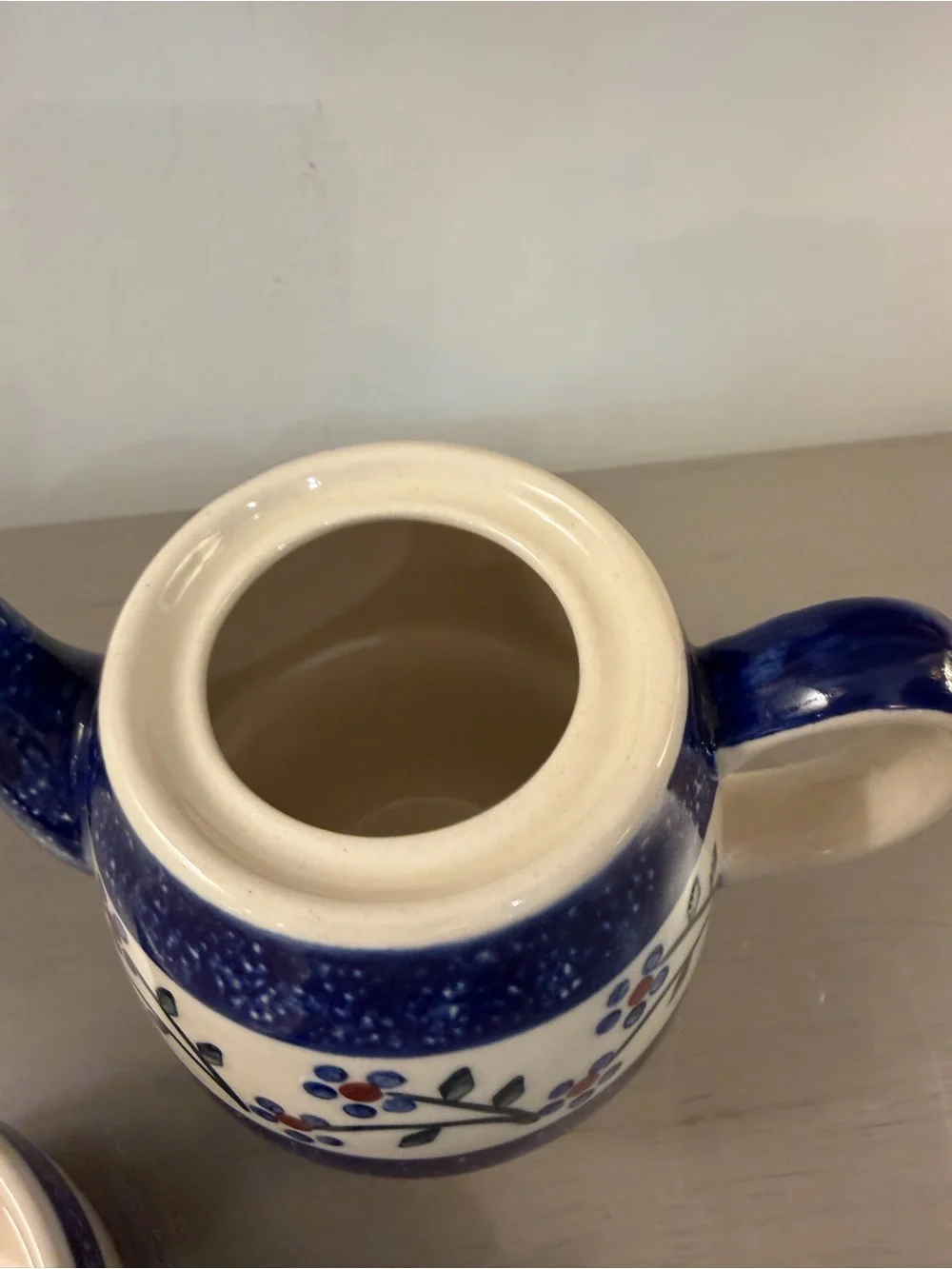 Wiza Polish Pottery Hand Made Tea For One Set Pot + Cup Stacking Blue Floral